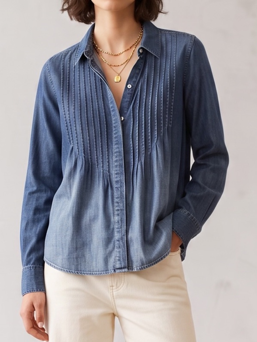 Current/Elliott Denim Ombre Pintuck Button Down Top Shirt